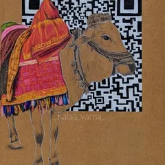 Titled 'Digital Basava', this mixed-media piece juxtaposes a traditionally adorned bull with a modern QR code. It is my commentary on how tradition and technology coexist in today's India.