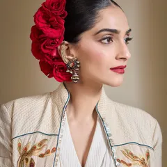 A close-up on the styling details for Sonam Kapoor's vintage Rohit Bal look. The look was completed with Basra pearl and diamond polki peacock earrings and a classic red lip.