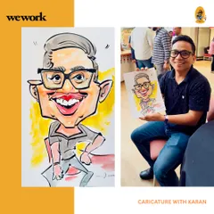 Here is a happy client at a WeWork event, holding his colorful and quirky caricature. These sessions are great for co-working spaces to foster community and fun.