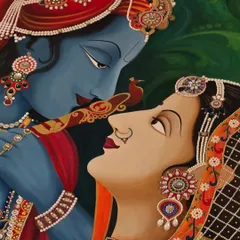 Another detail shot of the Radha Krishna painting, focusing on the expressive connection between them. Capturing this timeless tale of love on canvas is always a deeply spiritual and rewarding process for me.