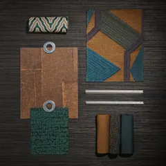 Embark on a sensory journey with our materials moodboard. Here, every wall design, fabric, and texture comes alive, whispering its own story of elegance, craft, and quiet sophistication before it ever touches a wall or sofa.