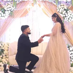 That magical moment. For this beautiful engagement, we created a soft, romantic makeup look and flowing curls to complement her fairy-tale gown, ensuring she looked and felt like a princess.