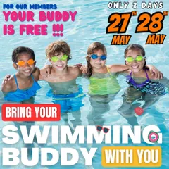 Share the fun with a friend. This poster for our 'Bring Your Swimming Buddy' event shows four happy kids ready to swim together, highlighting our focus on community and friendship.
