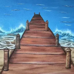 A section of the mural showing the wooden pier and the waves.