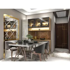 This 3D render shows a dining area concept with a wooden crockery unit featuring glass doors and internal lighting.