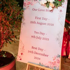 A personalized "Our Love Story" sign for an anniversary or wedding, beautifully designed with a floral watercolor motif to share the couple's special dates with their guests.