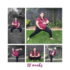 At 35 weeks, this mama is practicing outdoors, connecting with nature. Her practice includes squats and gentle balancing poses.