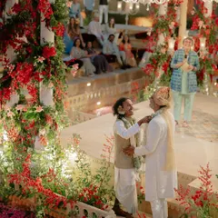For Kahran and Gourav's Vogue-featured wedding, we designed this breathtaking mandap, using monochromatic red florals to create a powerful contrast against the Jaisalmer sandstone. This ceremony was a testament to their story, blending tradition with a bold, modern vision.