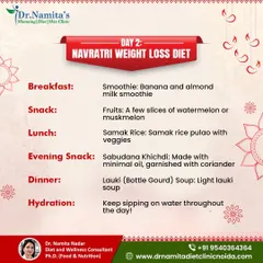 For Day 2 of your Navratri fast, I suggest a banana and almond milk smoothie for breakfast, samak rice pulao for lunch, and a light lauki soup for dinner. This plan will keep you feeling energized and full.