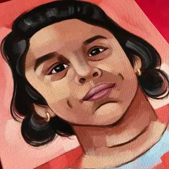A commissioned acrylic portrait of Jiza. ❤️ I used a warm, red background to complement her features and create a painting that is full of life and personality.