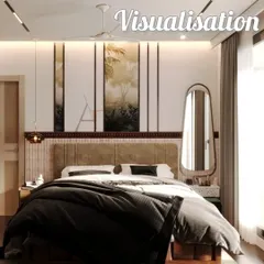 The 3D visualization for the parent's bedroom, laying out the design concept with the tropical-themed wall panels and textured headboard.