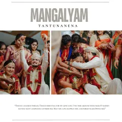 A collage celebrating the Mangalyam Dharanam, the sacred thread ceremony. It captures the groom's joy and the intimate moment of the union, surrounded by family.