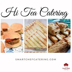 A collage showcasing some of the items that can go into my hi-tea snack boxes. Options include mini burgers, grilled sandwiches, and savory puffs.