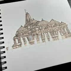 Beginning the coloring process on the Ram Mandir sketch with light base layers of alcohol markers.