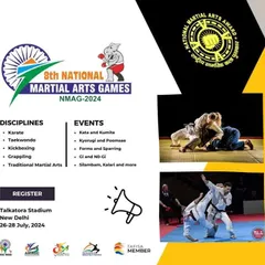 An official poster for the 8th National Martial Arts Games (NMAG-2024), featuring disciplines like Karate, Taekwondo, and Grappling. We provide a platform for athletes to compete at a national level.