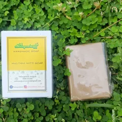 Here is my Multani Mitti soap with its packaging. This soap is excellent for removing excess oil and impurities from the skin, helping to control acne and providing a natural glow.