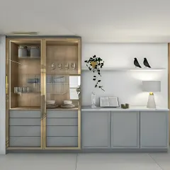 This elegant crockery unit features a mix of glass-fronted cabinets with internal lighting and closed drawers for versatile storage.
