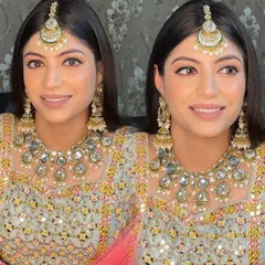 A beautiful example of a soft glam look perfect for a day wedding or a pastel-themed event. The makeup is minimal yet impactful, with a focus on clean skin and a neutral matte lip.