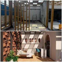 From a raw construction shell to a chic rooftop lounge. This transformation showcases our ability to integrate features like terracotta jali walls, a custom swing, and a functional bar area, complete with an arched entrance, all within a compact space.