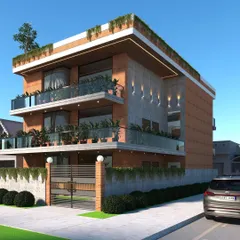 My architectural work often involves using honest materials like brick and concrete. This facade design shows how I combine these raw textures with large glass panels and integrated greenery to create a modern home that feels warm, grounded, and connected to nature.