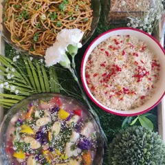 A vibrant and complete homemade Asian meal, featuring our popular Chilli Garlic Noodles, Sesame Pepper Rice, and a colourful mix of exotic vegetables in a savoury sauce.