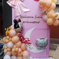 This "Welcome Home Princesses" backdrop was a joy to create for a baby welcome event. I used a custom pink panel with soft pastel balloons, character foils like Minnie Mouse, and a crescent moon detail to make a truly special and memorable entrance.