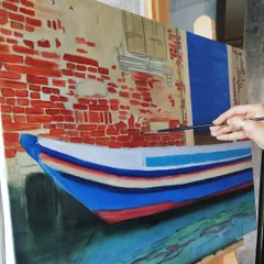 Building the brick wall one stroke at a time. This work-in-progress shot of the Venice painting shows the first layer of color being applied over the underpainting.