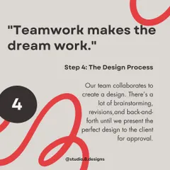 Step 4: Teamwork makes the dream work. Our team collaborates and brainstorms to create the perfect design, going through revisions until it's ready for your approval.