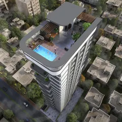 An aerial view of our design for Ariha One08, a 21-storey residential tower in Mumbai. The building's sleek, modern form is designed to maximize natural light and ventilation, with a rooftop pool and amenities that offer a sanctuary above the city.