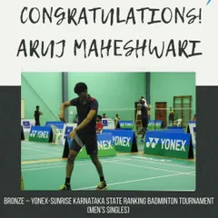 Aruj Maheshwari in perfect form during a match at the Yonex-Sunrise Karnataka State Ranking tournament, where he secured a Bronze medal in Men's Singles.