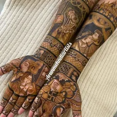 A perfect example of a full bridal mehndi with multiple portraits telling the couple's story. I teach the shading and detailing that brings these characters to life.
