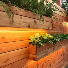 Detail of the integrated planters, showing how we use a mix of upright ferns and trailing money plants to create visual interest. The built-in lighting adds a beautiful glow in the evening.
