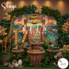 Step back in time with this Jurassic-themed birthday stage. I love building immersive worlds, and this setup, with its lush foliage, volcanic backdrop, and lifelike dinosaurs, shows my commitment to creating a truly memorable adventure.