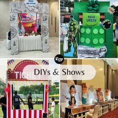 A look at the interactive fun I can bring to any party, with a collage of DIY stations and game show booths like 'Hulk Smash'.