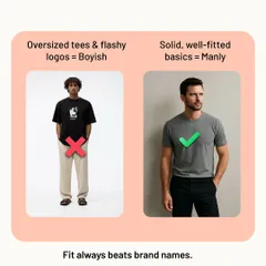 Fit always beats brand names. Oversized t-shirts and flashy logos can look immature. Solid, well-fitted basics are the foundation of a manly and sophisticated wardrobe.