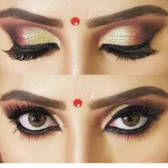 This two-panel image shows a classic bridal eye makeup look, both with eyes open and closed. The gold glitter on the lid and the dark, smoked-out corner create a timeless and captivating effect.