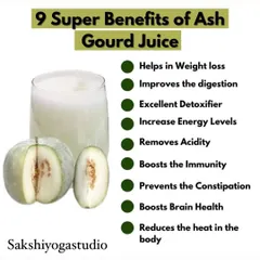 This chart lists the 9 super benefits of Ash Gourd juice, which include aiding weight loss, improving digestion, boosting immunity, and increasing energy levels.