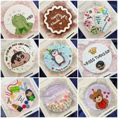 A little collage of my favorite cute bento cakes. You can see the variety of designs I can create, from cartoon characters like Shinchan and Kermit to themed cakes for teachers or milestone birthdays.