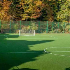 Our artificial turf fields can be seamlessly integrated into any environment. This installation shows a full-size pitch with clear markings, surrounded by trees, providing a beautiful and functional sporting space.