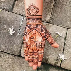 A beautiful Karvachauth design showing a woman in traditional attire looking at the moon through a sieve. The wristband features the words 'Karva Chauth' in Hindi.