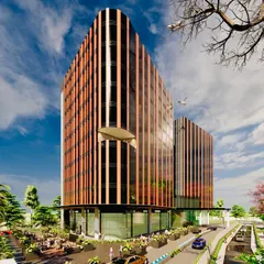 An architectural rendering of a Grade A business building on the Noida-Greater Noida expressway. The design is rooted in solar passive principles, with vertical fins that control heat gain while creating a dynamic, rhythmic pattern across the facade, integrating green spaces at the ground level.