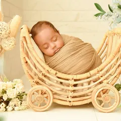 A close-up of a baby sleeping peacefully in a wicker pram, framed by soft greenery. This highlights the calm and serene nature of my rustic setups.