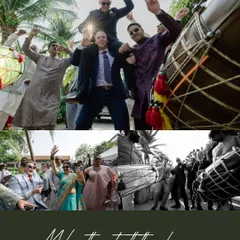 A collage of high-energy moments from the baraat, with dhol players, dancing, and the groom on his friends' shoulders. This is the vibrant, joyful chaos that makes Indian weddings unforgettable.