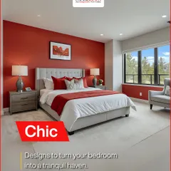 This chic bedroom design turns the space into a tranquil haven. The bold red accent wall adds a pop of color and personality, while the simple, modern furniture keeps the room feeling serene and uncluttered.