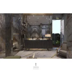 This perspective shows the full vanity with dual sinks and a large, seamless mirror that enhances the sense of space. The design connects visually to an outdoor green area, bringing in natural light.