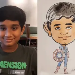 A young boy transformed into Captain America, a fun caricature idea for a birthday party or as a special gift.