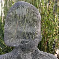 A close-up of a metal mesh sculpture, its translucent form creating an ethereal effect against a backdrop of horsetail plants. This piece adds texture, depth, and meaning, showing that landscapes can be expressive and reflective.