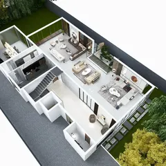 A 3D floor plan of our latest residential project in Delhi. It showcases an emphasis on natural light and seamless transitions between indoors and outdoors for contemporary, sophisticated living.