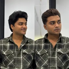 A great example of a men's glow-up. A stylish cut combined with subtle caramel highlights completely changed his look.