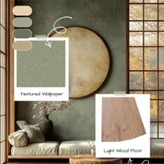 This Japandi living space uses a textured wallpaper in a muted green, paired with a light wood floor. The combination of natural textures and an earthy color palette creates a serene and inviting atmosphere.
